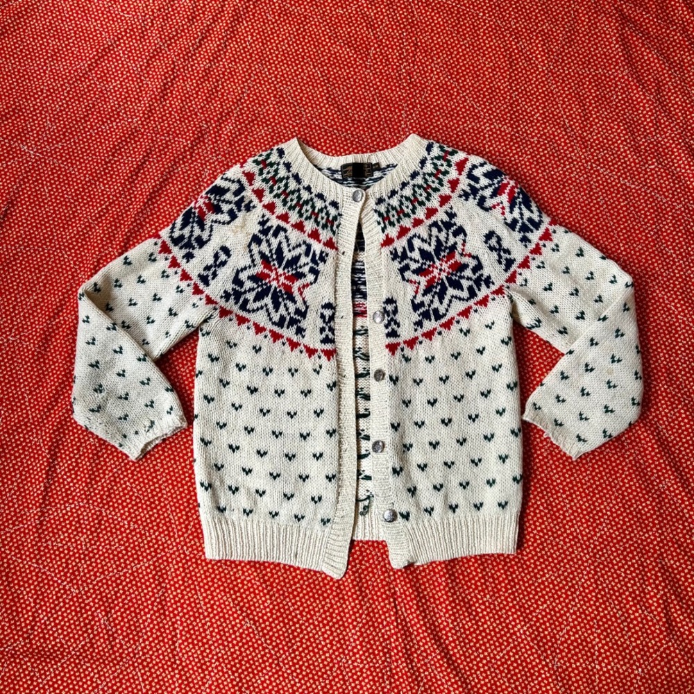 Vintage Eddie Bauer Wool Nordic Fair Isle Cardigan Sweater Cream Red Blue Medium